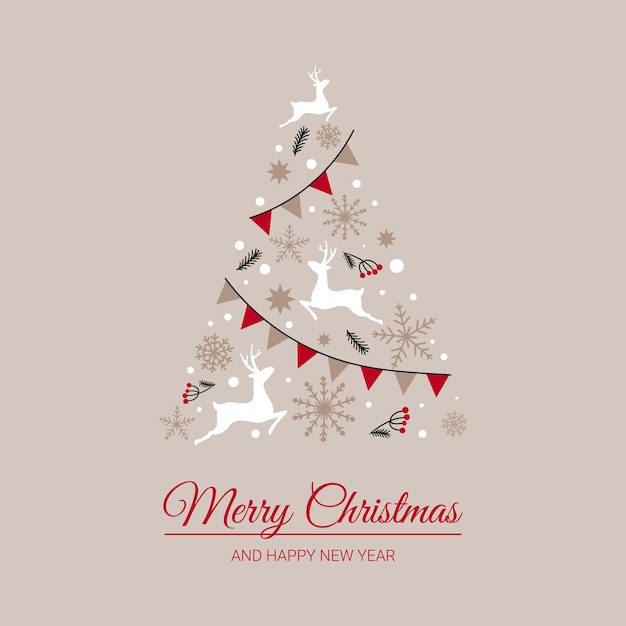 Tekst vrolijk kerstfeest en gelukkig nieuwjaar kerstboom van afbeeldingen van hertensterren naaldbessen twijgen en sneeuwvlokken