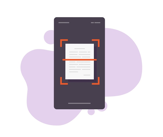 Tekstdocument scannen met mobiele telefoon vector geïllustreerde mobiele smartphone herkent scan-app op scherm via camerabeeld