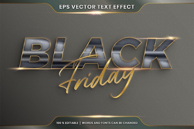 Teksteffect in 3d black friday-woorden, lettertype-stijlthema bewerkbaar realistisch metaalglas en gouden kleurencombinatie met flare light-concept