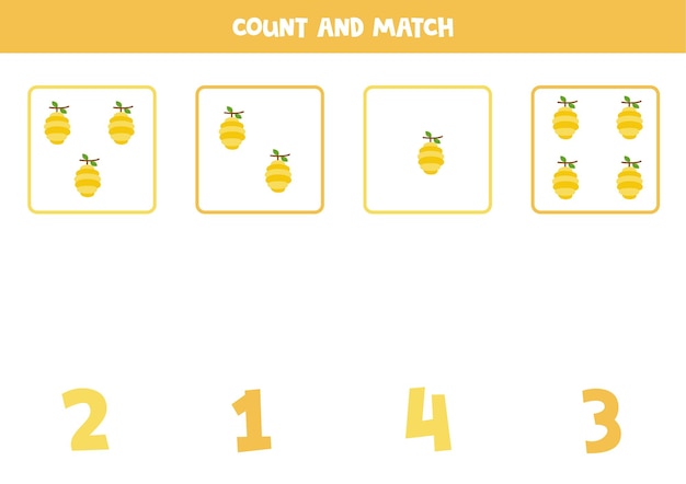 Tel alle bijenkorven en match met de juiste nummers. Rekenspel voor kinderen.