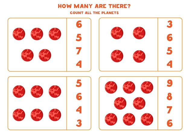 Tel alle planeten mars en schrijf het juiste aantal in het vak. telspel voor kinderen.