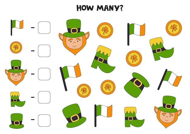 Tel alle saint patrick-dagelementen en schrijf het nummer in het vak math-spel voor kinderen