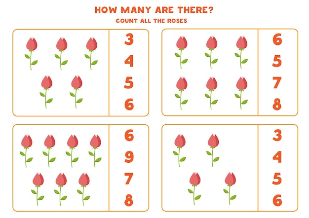 Tel alle valentijnrozen en omcirkel het juiste antwoord. rekenspel voor kinderen.