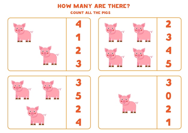 Tel alle varkens op de boerderij en omcirkel de juiste antwoorden. Rekenspel voor kinderen.