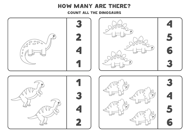 Tel alle zwart-witte dinosaurussen en omcirkel de juiste antwoorden. rekenspel voor kinderen.