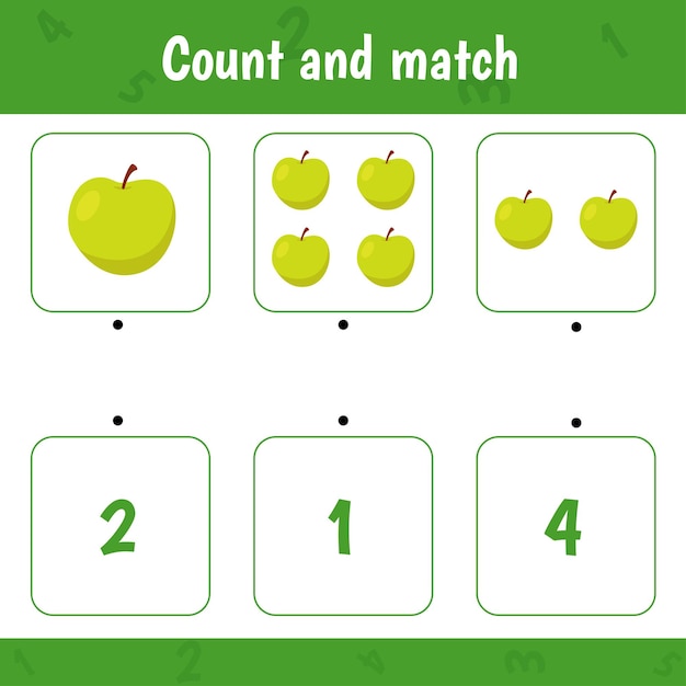 Tel en match Math-activiteitsspel voor kinderen Apple Educatief werkblad voor kleuters