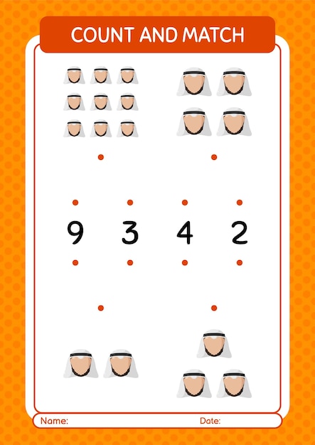 Tel en match spel met Arabisch werkblad voor voorschoolse kinderen activiteitenblad voor kinderen