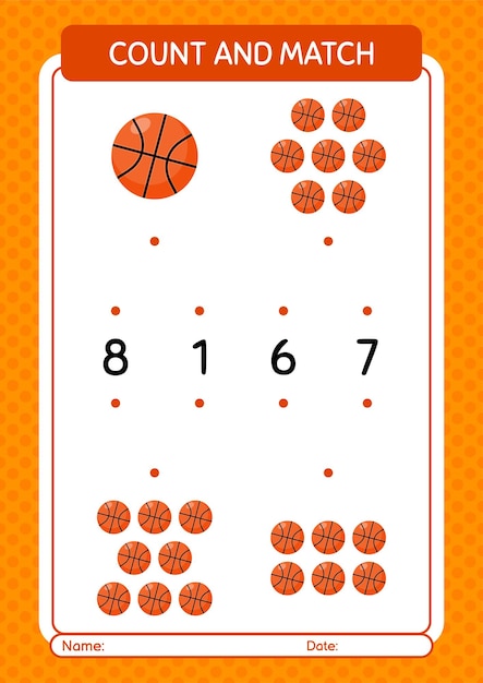 Tel en match spel met basketbal-werkblad voor voorschoolse kinderen activiteitenblad voor kinderen