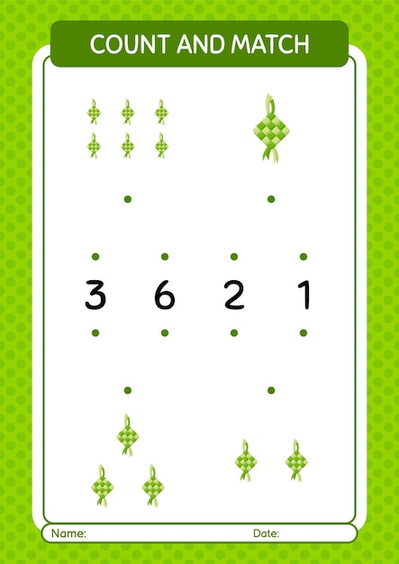 Tel en match spel met ketupat-werkblad voor voorschoolse kinderen activiteitenblad voor kinderen