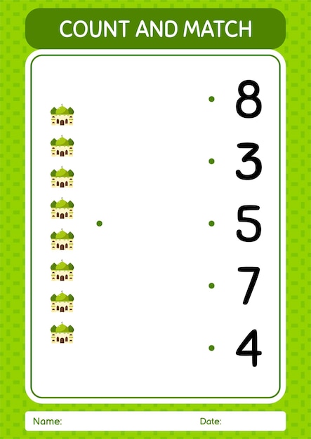 Tel en match spel met moskee-werkblad voor voorschoolse kinderen activiteitenblad voor kinderen