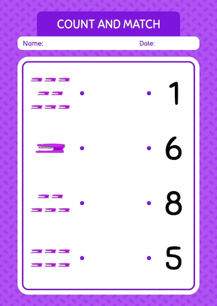 Tel en match spel met nietmachine-werkblad voor voorschoolse kinderen activiteitenblad voor kinderen