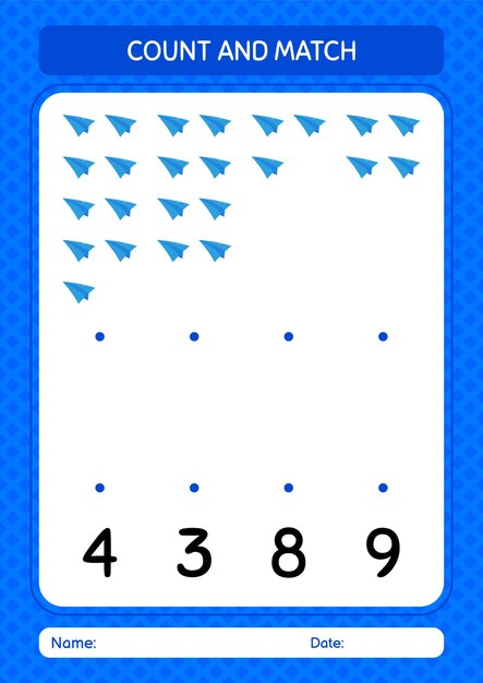 Tel en match spel met papieren vliegtuig werkblad voor voorschoolse kinderen activiteitenblad voor kinderen