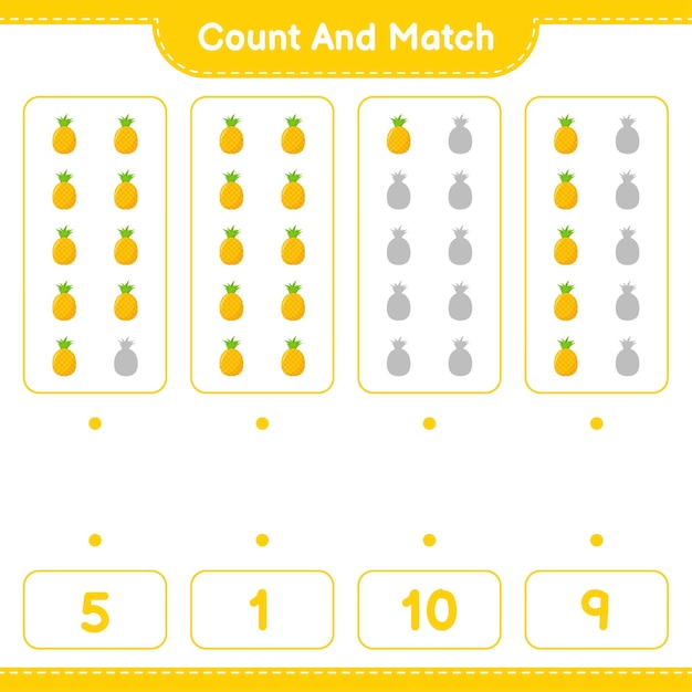 Tel en match, tel het aantal ananas en match met de juiste nummers. Educatief kinderspel, afdrukbaar werkblad