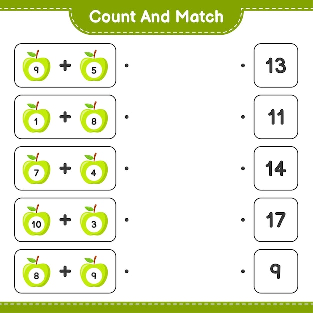 Tel en match, tel het aantal Apple en match met de juiste nummers. Educatief kinderspel, afdrukbaar werkblad.