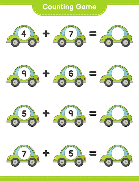 Tel en match, tel het aantal auto's en match met de juiste nummers. educatief kinderspel, afdrukbaar werkblad, vectorillustratie