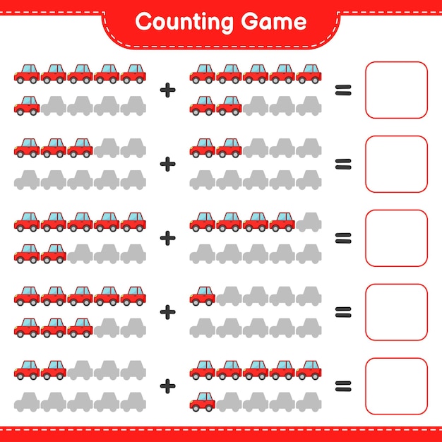 Tel en match, tel het aantal auto's en match met de juiste nummers. Educatief kinderspel, afdrukbaar werkblad, vectorillustratie