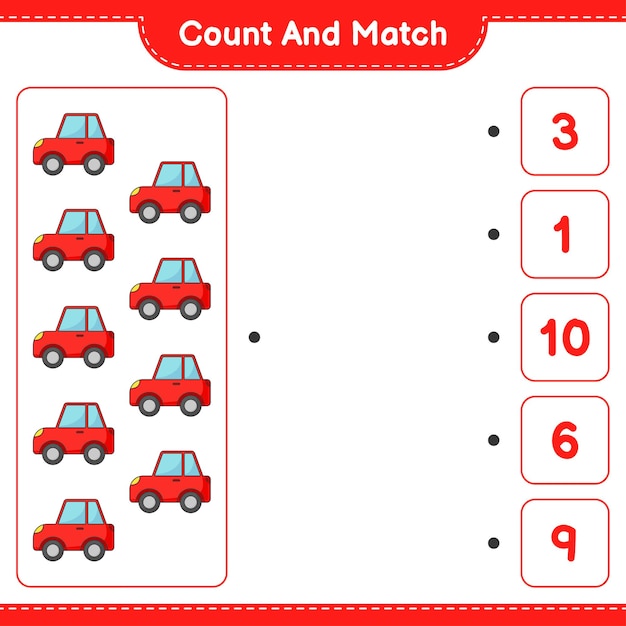 Tel en match, tel het aantal auto's en match met de juiste nummers. educatief kinderspel, afdrukbaar werkblad, vectorillustratie