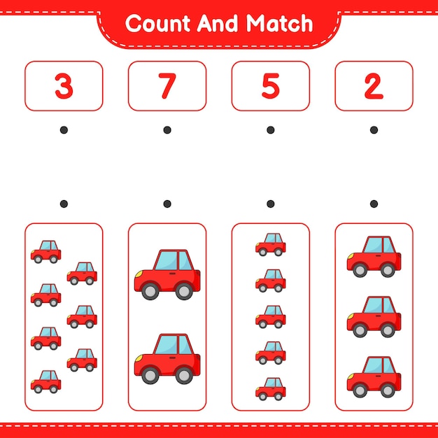 Tel en match tel het aantal auto's en match met de juiste nummers Educatief kinderspel