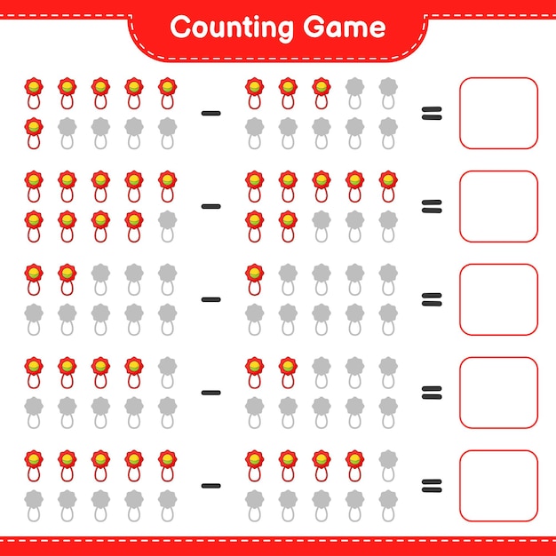 Tel en match, tel het aantal Baby Rattle en match met de juiste nummers. Educatief kinderspel, afdrukbaar werkblad, vectorillustratie