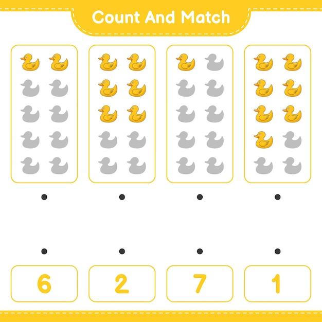 Tel en match, tel het aantal badeendjes en match met de juiste nummers. educatief spel voor kinderen, afdrukbaar werkblad