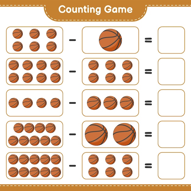 Tel en match, tel het aantal basketbal en match met de juiste nummers Educatief kinderen spel afdrukbaar werkblad vectorillustratie