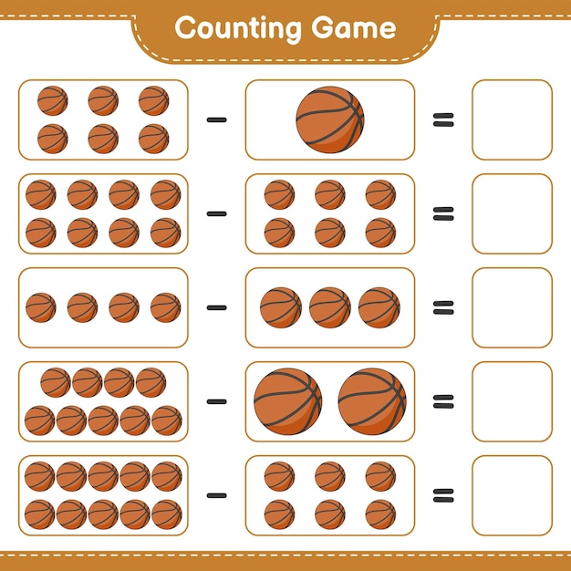 Tel en match, tel het aantal basketbal en match met de juiste nummers educatief kinderen spel afdrukbaar werkblad vectorillustratie