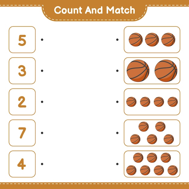 Tel en match, tel het aantal basketbal en match met de juiste nummers Educatief kinderen spel afdrukbaar werkblad vectorillustratie