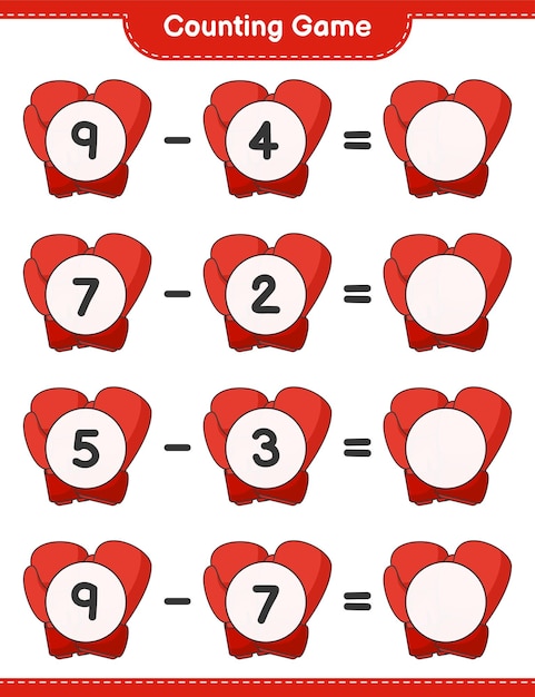Tel en match, tel het aantal bokshandschoenen en match met de juiste nummers educatief kinderen spel afdrukbaar werkblad vectorillustratie