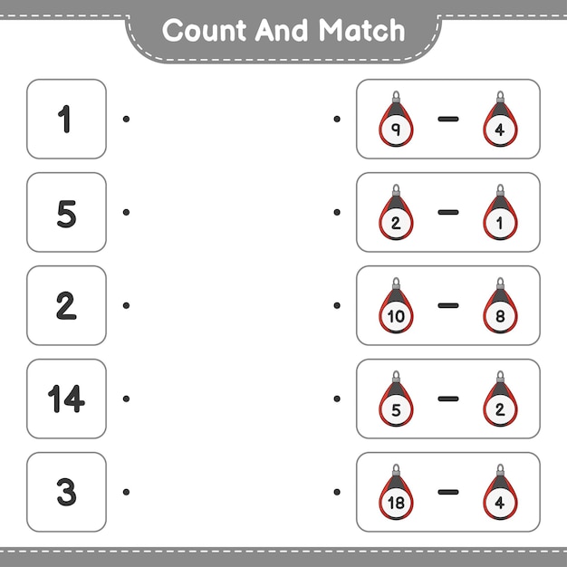 Tel en match, tel het aantal bokszakken en match met de juiste nummers Educatief kinderen spel afdrukbaar werkblad vectorillustratie