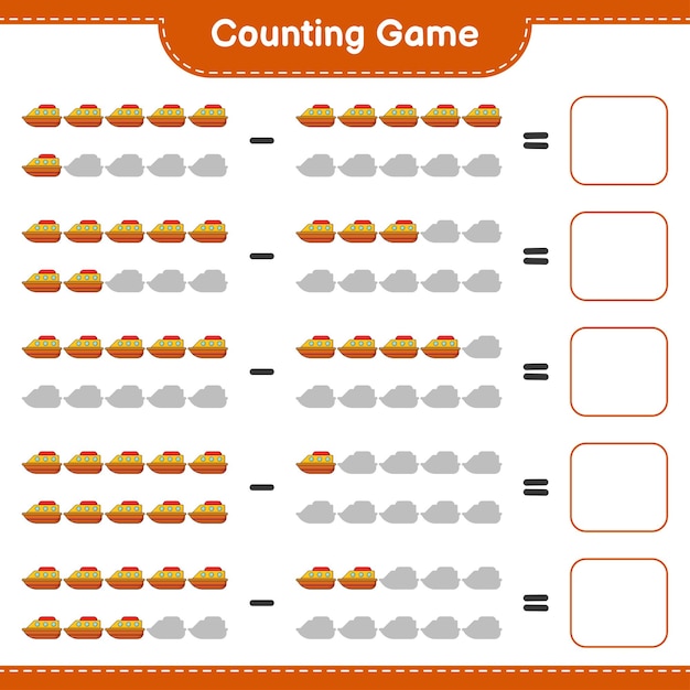 Tel en match, tel het aantal bootjes en match met de juiste nummers. educatief kinderspel, afdrukbaar werkblad, vectorillustratie