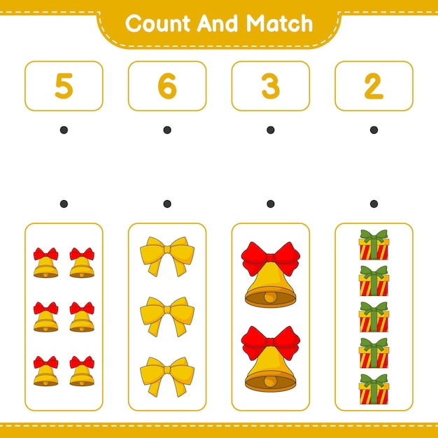 Tel en match tel het aantal christmas bell ribbon gift box en match met de juiste nummers educatief spel voor kinderen afdrukbaar werkblad vectorillustratie