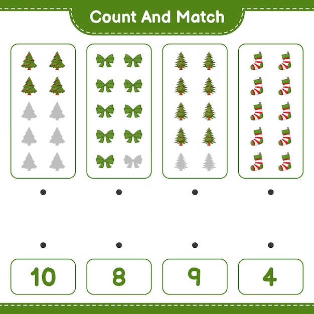 Tel en match tel het aantal Christmas Tree Ribbon Christmas Sock en match met de juiste nummers Educatief kinderen spel afdrukbaar werkblad vectorillustratie