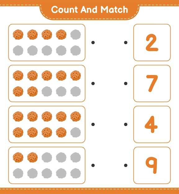 Tel en match, tel het aantal Cookies en match met de juiste nummers. Educatief kinderspel, afdrukbaar werkblad, vectorillustratie