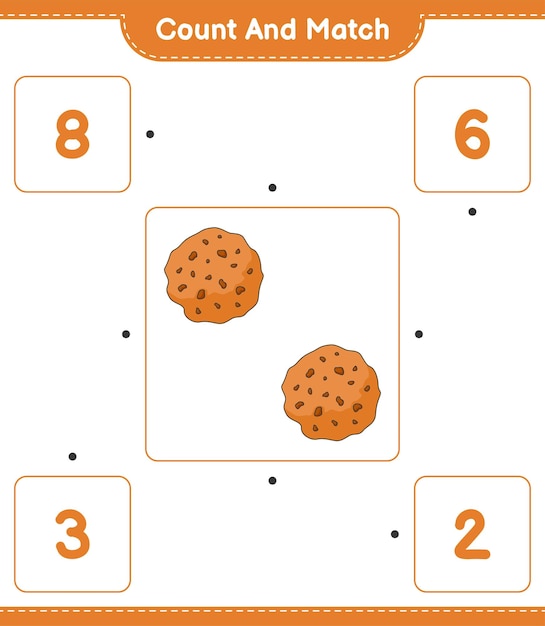 Tel en match tel het aantal Cookies en match met de juiste nummers Educatief spel voor kinderen afdrukbaar werkblad vectorillustratie