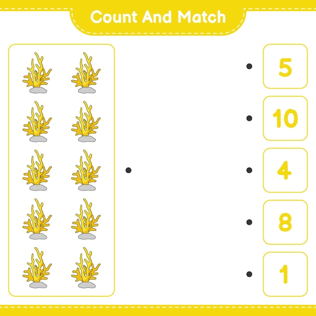 Tel en match, tel het aantal Coral en match met de juiste nummers. Educatief kinderspel, afdrukbaar werkblad, vectorillustratie