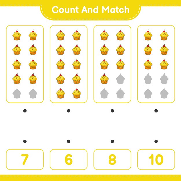 Tel en match, tel het aantal Cup Cakes en match met de juiste nummers. Educatief kinderspel, afdrukbaar werkblad, vectorillustratie
