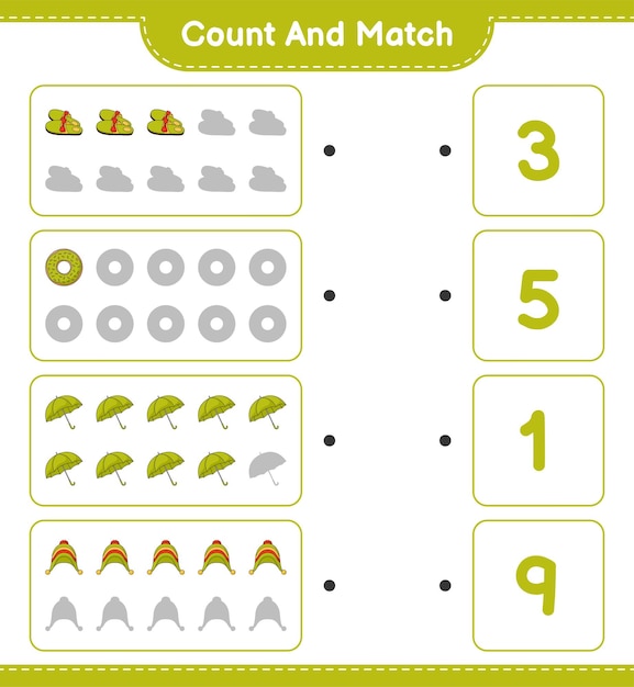 Tel en match, tel het aantal donut, slippers, paraplu, hat en match met de juiste nummers. educatief kinderspel, afdrukbaar werkblad, vectorillustratie