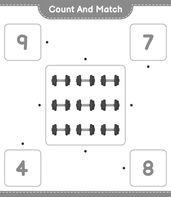 Tel en match, tel het aantal dumbbells en match met de juiste nummers Educatief kinderen spel afdrukbaar werkblad vectorillustratie