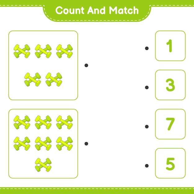 Tel en match, tel het aantal dumbbells en match met de juiste nummers Educatief kinderen spel afdrukbaar werkblad vectorillustratie