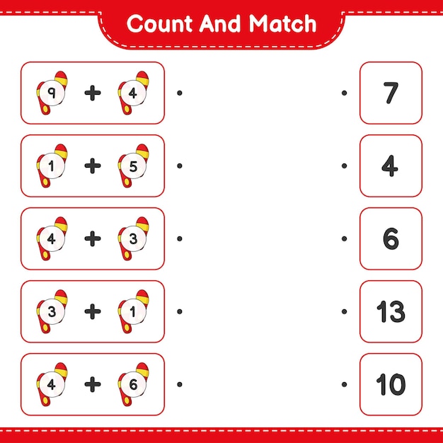Tel en match, tel het aantal Flip Flop en match met de juiste nummers. Educatief kinderspel, afdrukbaar werkblad, vectorillustratie