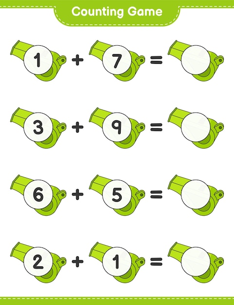 Tel en match, tel het aantal fluitjes en match met de juiste nummers Educatief kinderen spel afdrukbaar werkblad vectorillustratie