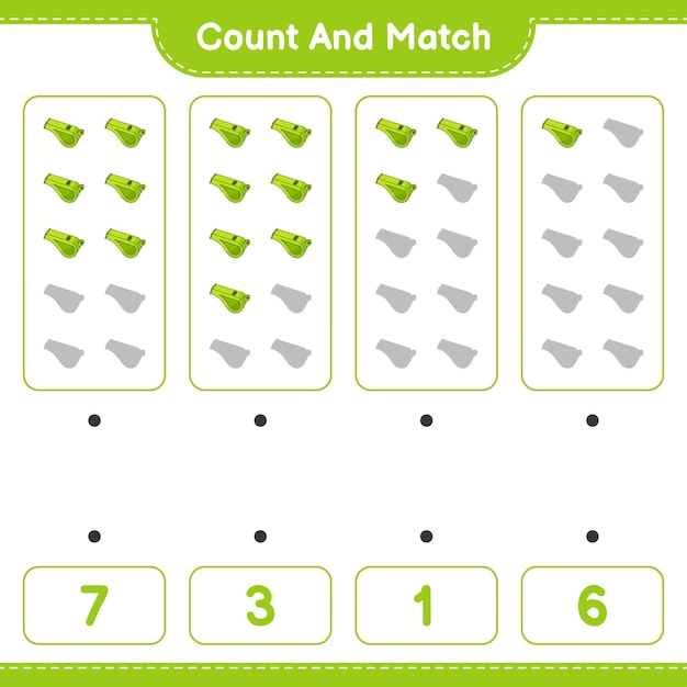 Tel en match, tel het aantal fluitjes en match met de juiste nummers Educatief kinderen spel afdrukbaar werkblad vectorillustratie