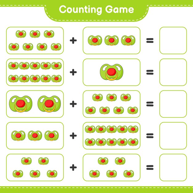 Tel en match, tel het aantal fopspeen en match met de juiste nummers. Educatief kinderspel, afdrukbaar werkblad, vectorillustratie
