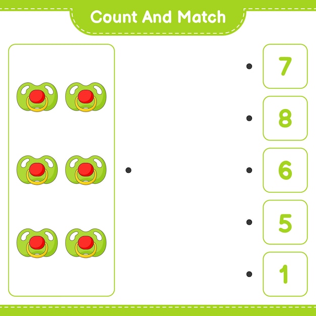 Tel en match, tel het aantal fopspeen en match met de juiste nummers. Educatief kinderspel, afdrukbaar werkblad, vectorillustratie