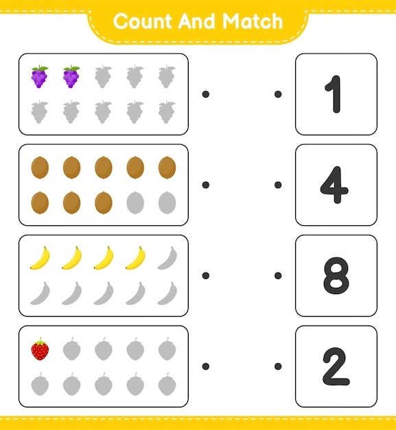 Tel en match, tel het aantal fruits en match met de juiste nummers. educatief kinderspel, afdrukbaar werkblad.