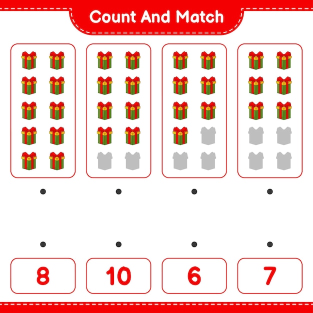 Tel en match, tel het aantal geschenkverpakkingen en match met de juiste nummers Educatief spel voor kinderen afdrukbaar werkblad vectorillustratie