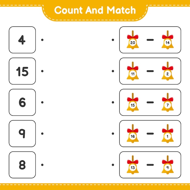 Tel en match, tel het aantal golden christmas bells en match met de juiste nummers. educatief kinderspel