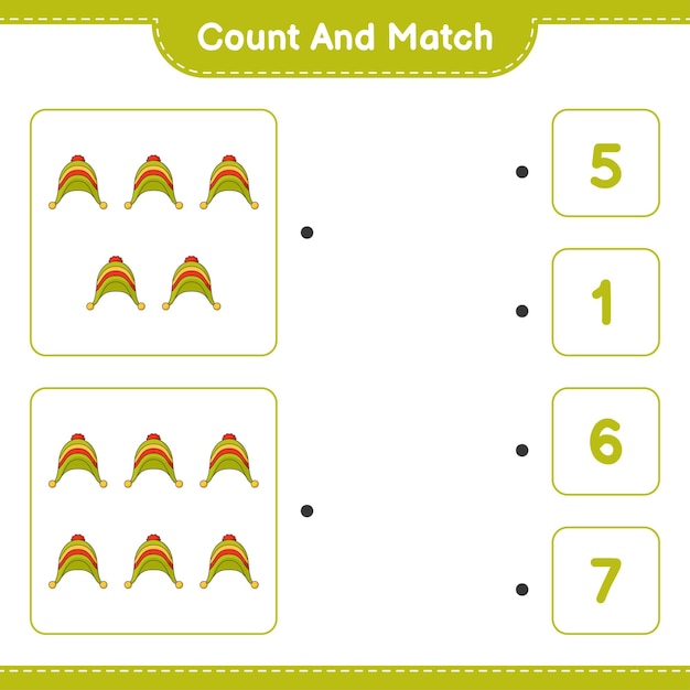 Tel en match, tel het aantal Hat en match met de juiste nummers. Educatief kinderspel, afdrukbaar werkblad, vectorillustratie