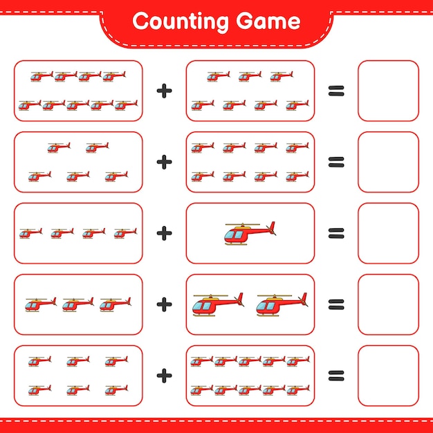 Tel en match, tel het aantal helikopters en match met de juiste nummers. Educatief kinderspel, afdrukbaar werkblad, vectorillustratie