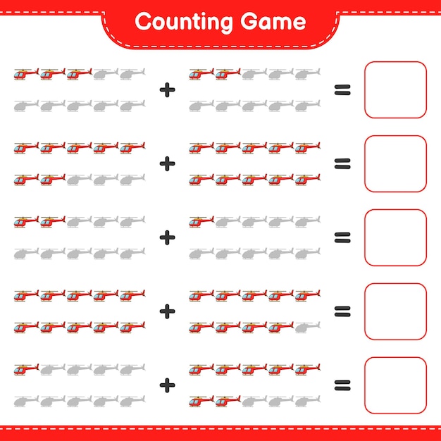 Tel en match, tel het aantal helikopters en match met de juiste nummers. Educatief kinderspel, afdrukbaar werkblad, vectorillustratie